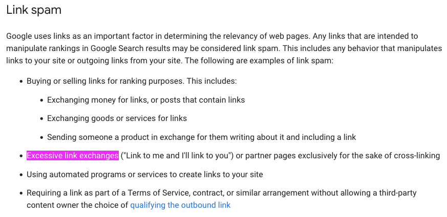 Link exchanges in Google's Webmaster Guidelines.